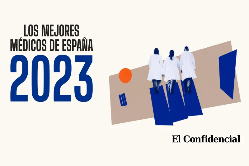 Se ve el título “Los Mejores Médicos de España” del diario El Confidencial con una imagen a la derecha de tres médicos caminando de espaldas y el logotipo de El Confidencial baja los tres médicos.