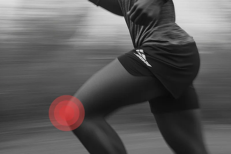 Fotografía en blanco y negro de una persona corriendo, centrada en la pierna izquierda con un círculo rojo sobre la rodilla que indica dolor o molestias. Lleva ropa deportiva ajustada, camiseta y pantalones cortos negros con logo en blanco, mientras el fondo desenfocado sugiere movimiento rápido al aire libre.