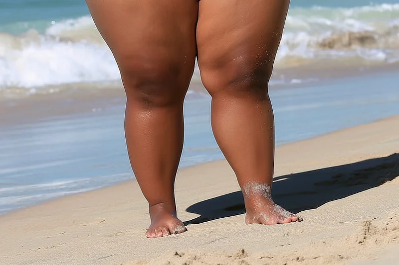 Piernas de una persona con sobrepeso descalza sobre la arena, cerca de la orilla del mar.