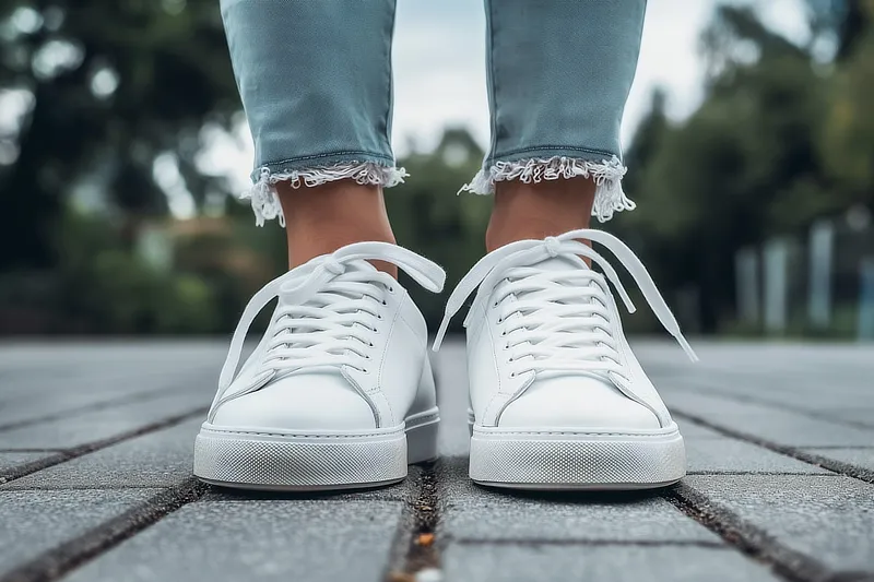 Zapatos blancos casuales con cordones, vistos de frente, usados por una persona en jeans sobre una superficie pavimentada al aire libre.