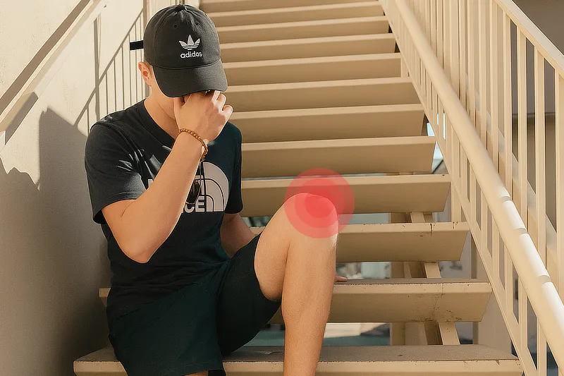 Hombre joven con dolor de rodilla tras bajar unas escaleras, sentado en el suelo con expresión de molestia y gesto de incomodidad.
