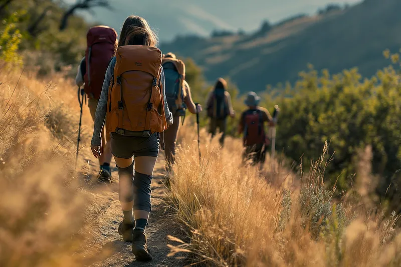 Grupo de senderistas avanzando por un sendero de montaña, con una mujer en primer plano usando una rodillera, simbolizando la prevención de las lesiones de rodilla más comunes.