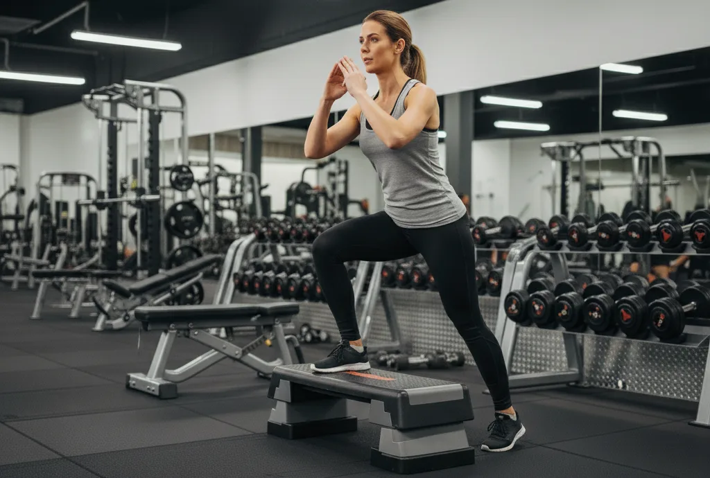 Mujer realizando un step-up en un gimnasio, con pantalón deportivo oscuro y camiseta gris.