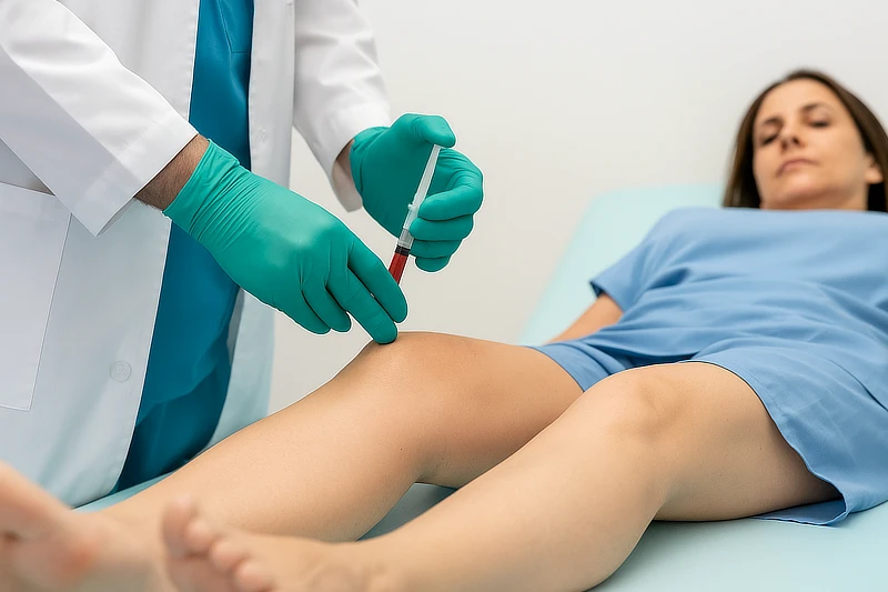 Primer plano de un procedimiento médico en el que un especialista aplica una inyección de PRP en la rodilla de un paciente, utilizando guantes estériles verdes y una jeringa.