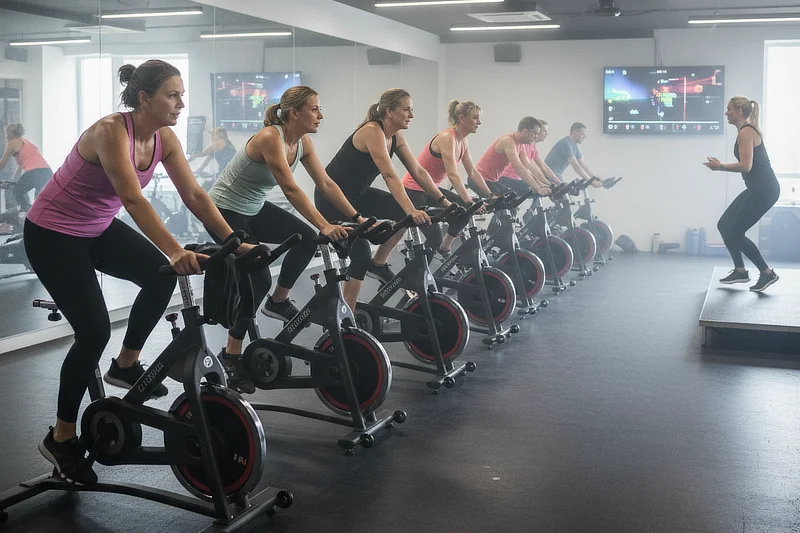 Grupo de mujeres y hombres de unos 40 años realizando una clase de bicicleta estática en gimnasio, siguiendo instrucciones de la entrenadora, con bicicletas alineadas frente a un espejo.