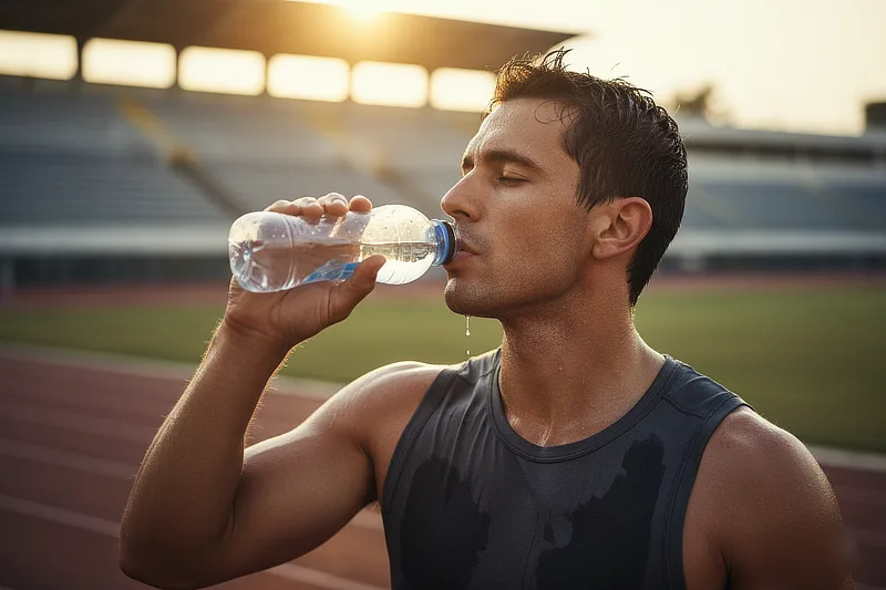 Deportista bebiendo agua en una pista de atletismo al atardecer, con el rostro relajado y gotas de sudor, reflejando la importancia de hidratarse durante los entrenamientos.