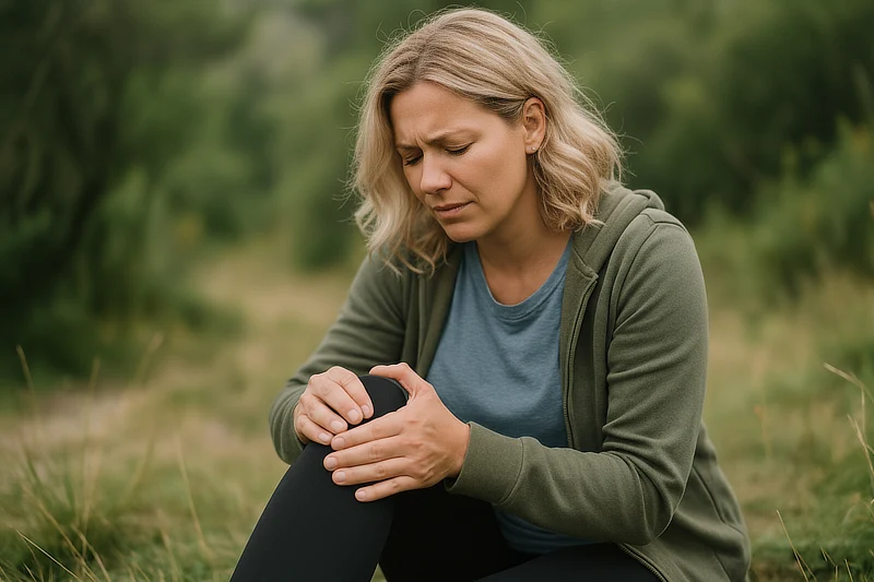Paciente con dolor en la rodilla durante una caminata, imagen que representa el inicio de una posible rotura meniscal y la necesidad de valoración médica.