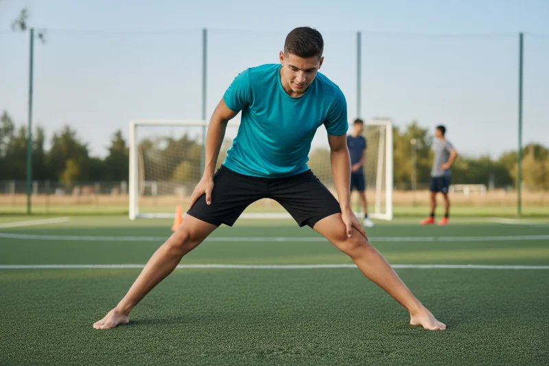 Joven deportista estirando los aductores en un campo de fútbol, con las piernas abiertas y el tronco inclinado hacia adelante, mientras otros jugadores entrenan desenfocados al fondo.