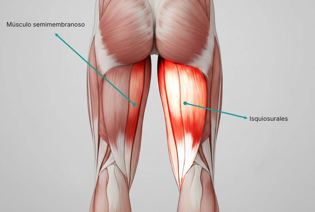 Diagrama anatómico posterior del muslo señalando el músculo semimembranoso y el grupo de los isquiosurales, destacando su localización y relación dentro de la musculatura posterior.