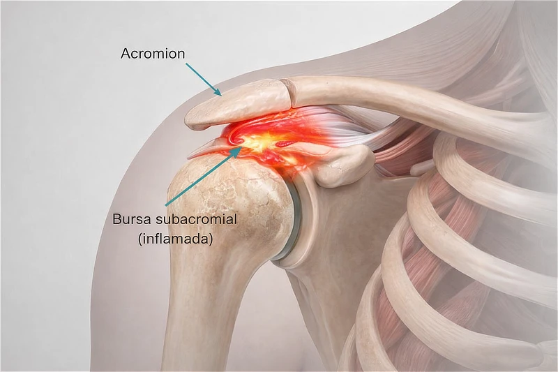 Diagrama anatómico del hombro mostrando el acromion y la bursa subacromial inflamada, con la zona de fricción resaltada entre hueso y tendones del manguito rotador.
