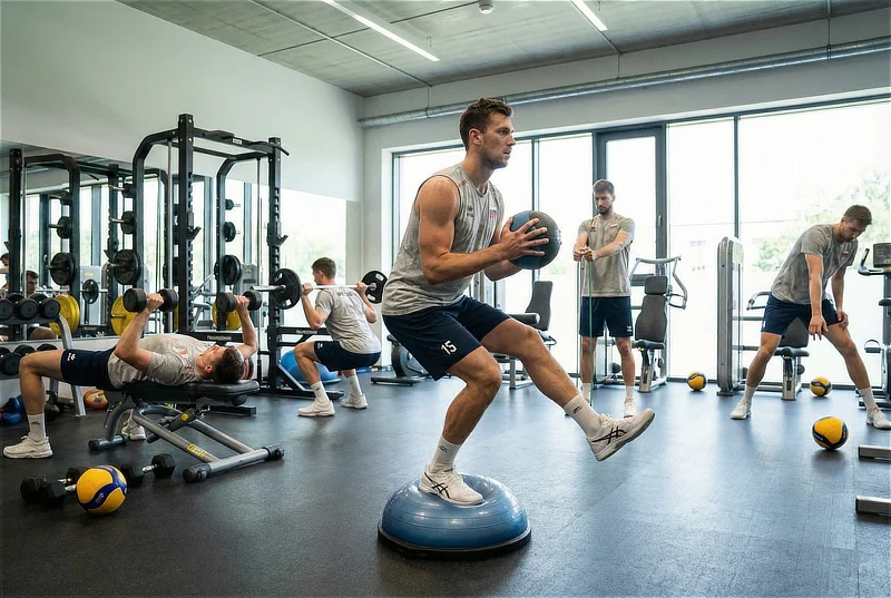Deportista realizando un ejercicio de propiocepción sobre superficie inestable en gimnasio, orientado a mejorar el equilibrio y la estabilidad de la rodilla.