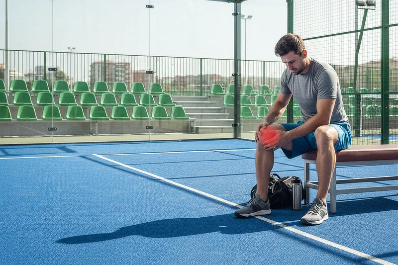 Deportista sentado en un banquillo de una pista deportiva sujetándose la rodilla derecha con gesto de dolor, en un entorno de entrenamiento al aire libre.