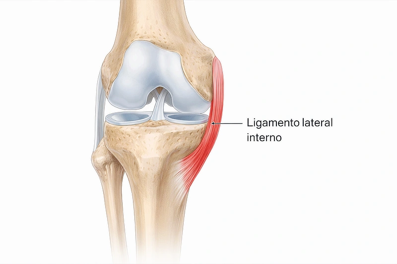 Ilustración anatómica de la rodilla derecha mostrando el ligamento lateral interno (ligamento colateral medial) y su localización en la parte interna de la articulación.