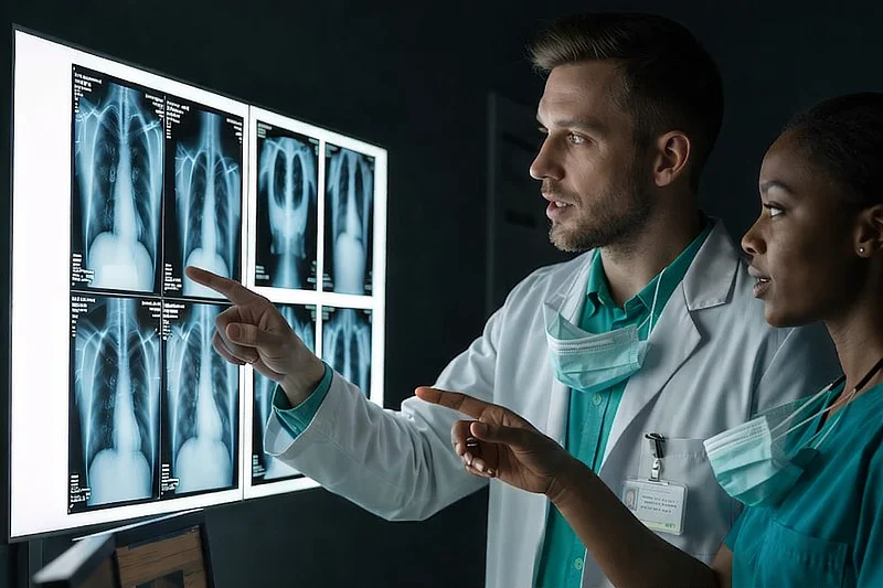 Traumatólogos analizando radiografías musculoesqueléticas en pantalla para la detección precoz de posibles tumores óseos y de partes blandas.