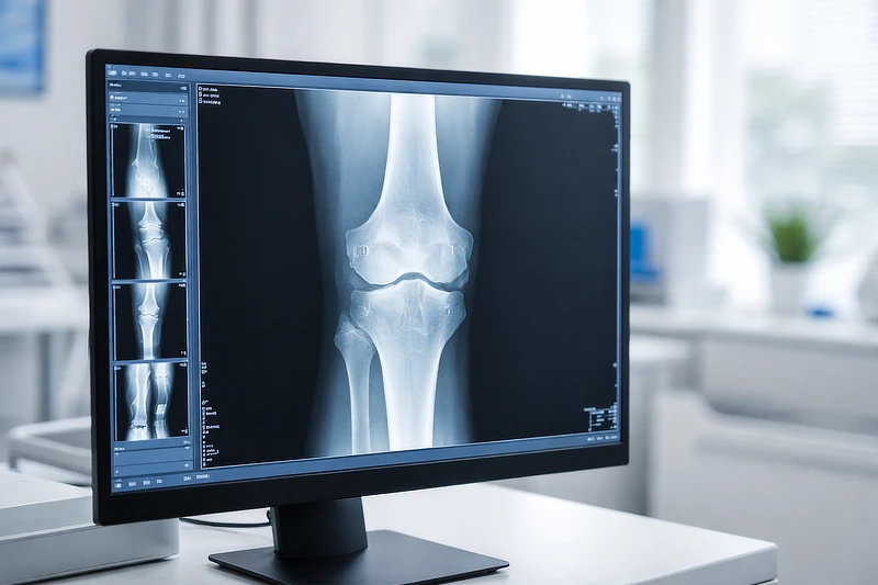 Radiografía simple de rodilla visualizada en monitor médico como prueba inicial para la valoración de lesiones óseas y sospecha de patología tumoral.