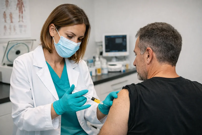 Médica con guantes y mascarilla realizando una infiltración en el hombro de un paciente sentado en consulta médica, utilizando una jeringa con plasma rico en plaquetas.