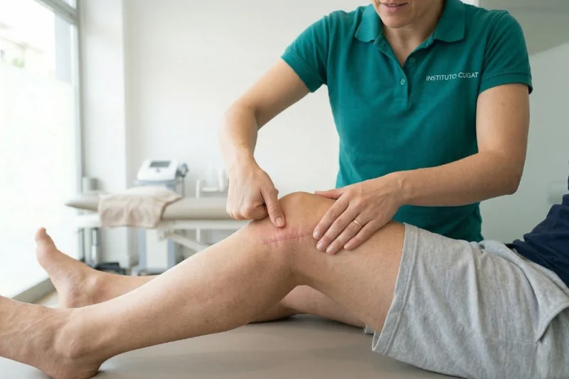Especialista de Instituto Cugat con polo verde realiza un masaje cicatricial terapéutico en la rodilla de un paciente sentado en una camilla, aplicando presión técnica sobre una cicatriz quirúrgica horizontal.
