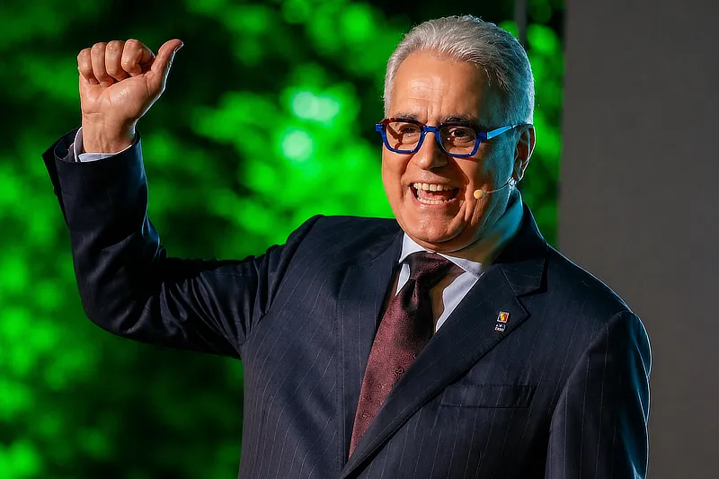 Fotografía de plano medio del Dr. Ramón Cugat sonriendo con un gesto de aprobación con el pulgar hacia arriba. Viste traje de raya diplomática azul oscuro, corbata granate y sus características gafas de montura azul. El fondo muestra un panel con luces verdes desenfocadas.