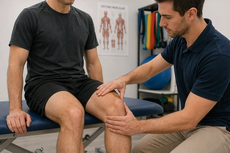 Plano medio de un paciente sentado en una camilla de fisioterapia de alta gama, realizando un ejercicio de activación asistida del cuádriceps para tratar la inhibición muscular artrogénica (AMI) tras una cirugía de rodilla.