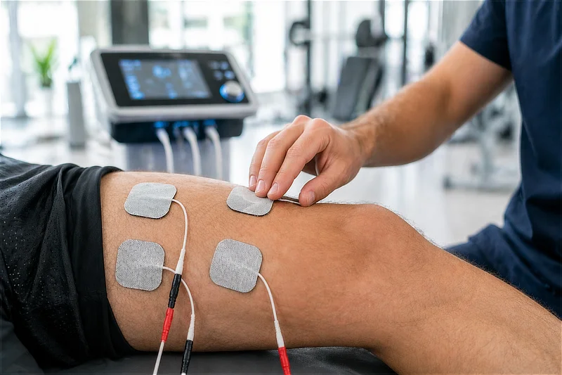 Primer plano de una rodilla operada con electrodos de electroestimulación (EMS) colocados sobre el cuádriceps, ilustrando cómo esta tecnología ayuda a "despertar" el músculo bloqueado por la inhibición muscular artrogénica.