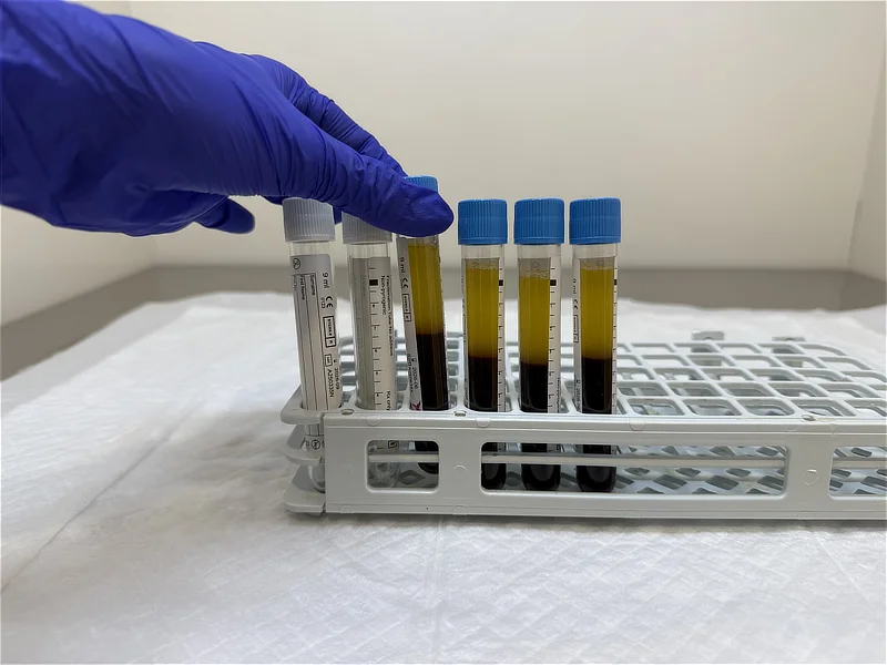 Primer plano de una mano con guante azul de nitrilo sosteniendo uno de los tubos de ensayo colocados en una gradilla blanca sobre una superficie esterilizada. En el interior de los tubos se aprecia claramente la separación de la sangre, mostrando la fracción superior de plasma rico en plaquetas de color amarillento.