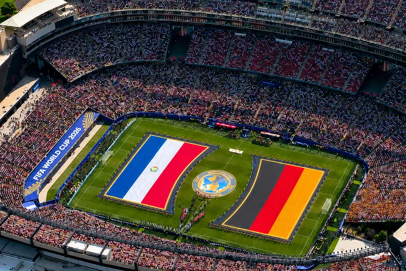 Vista aérea de un estadio de fútbol completamente lleno durante un partido del Mundial 2026. Sobre el terreno de juego se despliegan dos grandes banderas nacionales antes del inicio del encuentro, mientras miles de aficionados ocupan las gradas alrededor del campo.