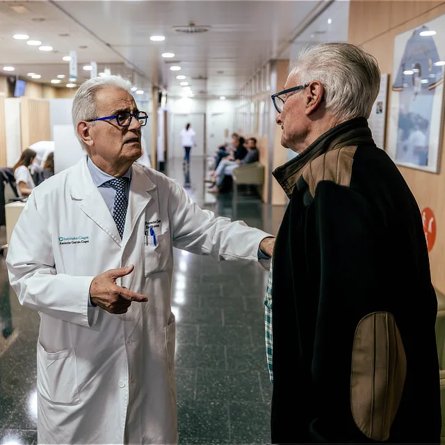Dr. Ramón Cugat speaking with a patient during a clinical follow-up appointment as part of their rehabilitation and physiotherapy recovery process.