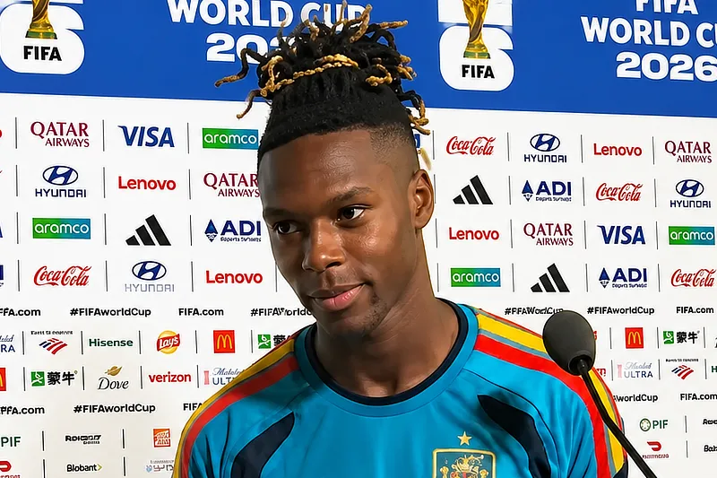 El futbolista Nico Williams con la camiseta técnica de la selección española durante una rueda de prensa en el Mundial 2026 frente a un panel oficial de logotipos de la FIFA.