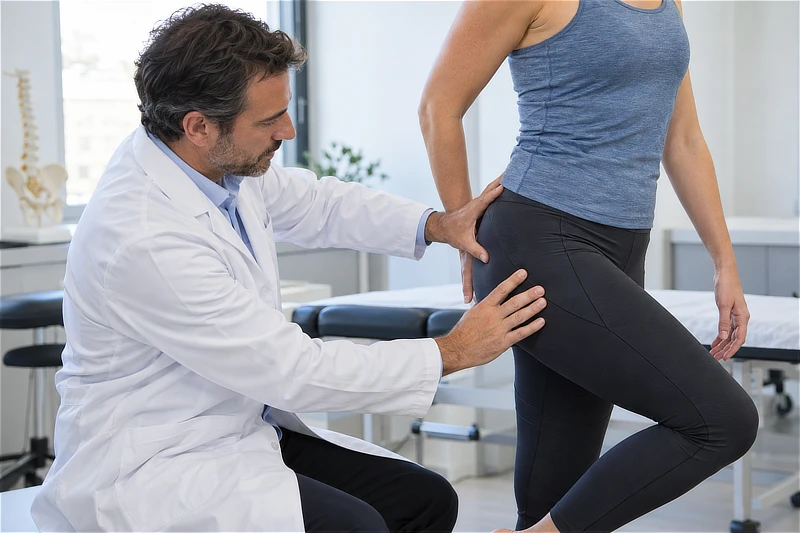Traumatólogo explorando la cara lateral de la cadera de una paciente durante la valoración clínica de una posible trocanteritis.